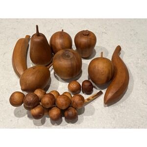 Vintage MCM Carved Wooden Fruit 9 Piece Lot Fruit Bowl Primitive Decor